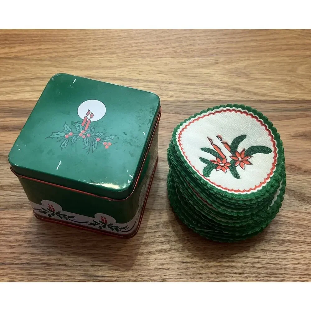Vintage 1985 INTERPUR® Christmas Paper Coasters Doily Tin Container Box Candles